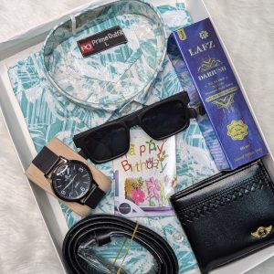 পেস্ত কালার শার্ট এর কম্ব সেট শার্ট, ঘরি, মানিব্যাগ, পারফিউম, বেল্ট ,চশমা ও চিরকুট