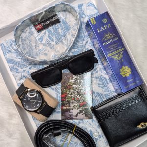 সাদা এস কালার শার্ট এর কম্ব সেট শার্ট, ঘরি, মানিব্যাগ, পারফিউম, বেল্ট ,চশমা ও চিরকুট